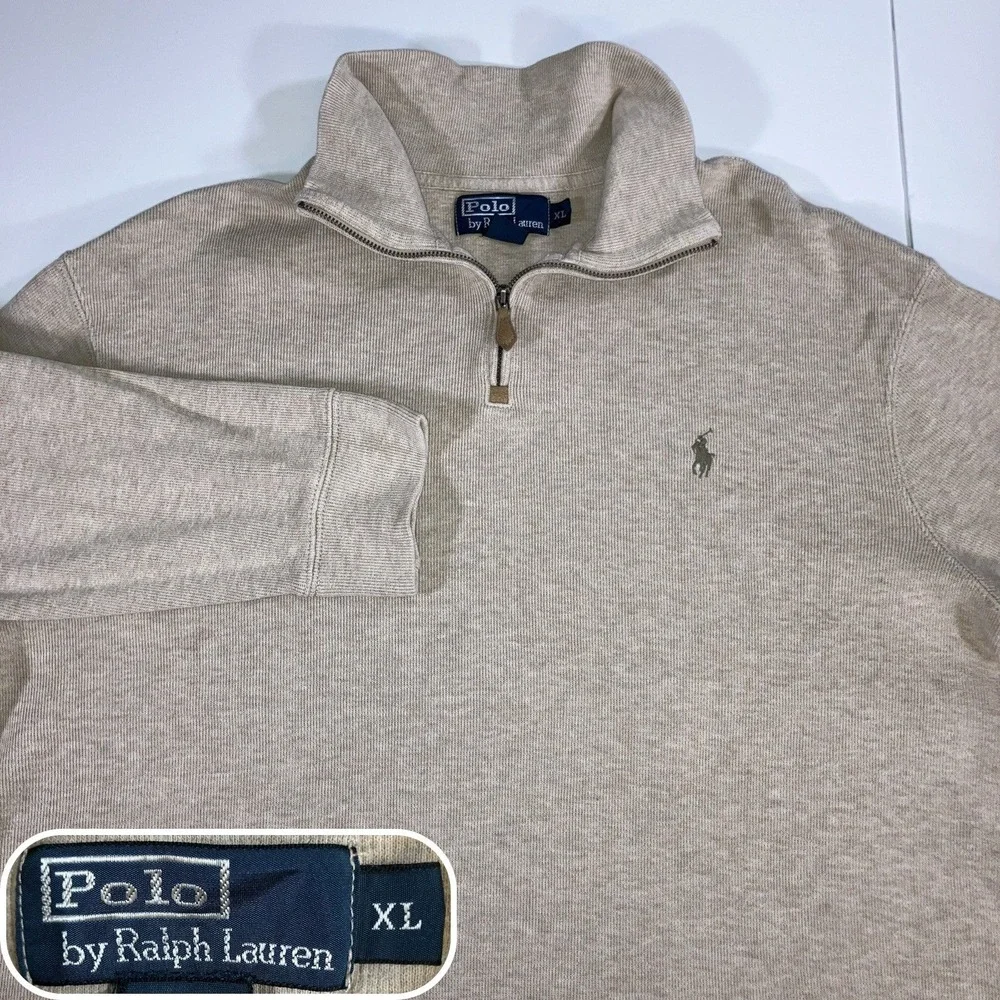 Polo Ralph Lauren Men's XL Oatmeal Cotton Knit 1/4 Zip Mock Neck Sweater
